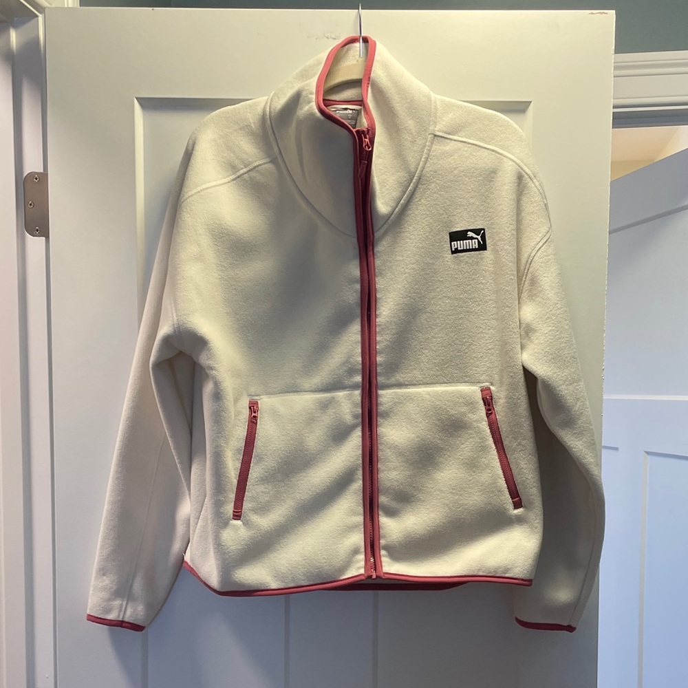 Puma Cream Ivory Fleece Jacket with Pink Trim Size M